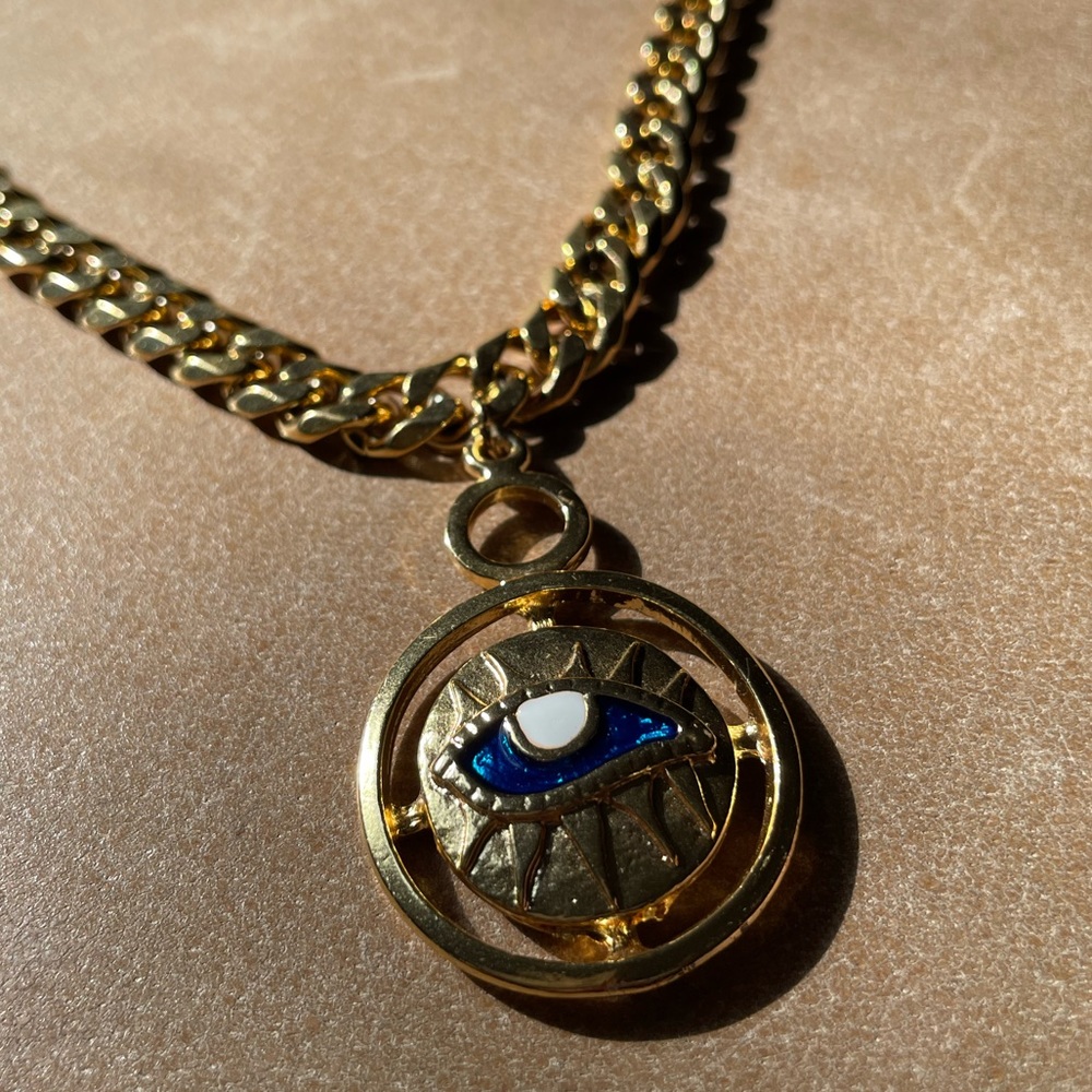 Evil eye 🧿 curb chain choker necklace adjustable gold blue pendant charm - Picture 3 of 10